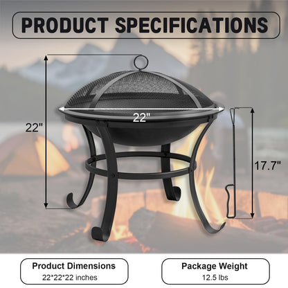 Panovue 22 in Firepit for Outside Outdoor Small Fire Pit,Durable Firepit with Mesh Lid,Log Grate,and Fire Poker,Fire Pit for Outside Backyard.Deck.Camping and Picnic - CookCave