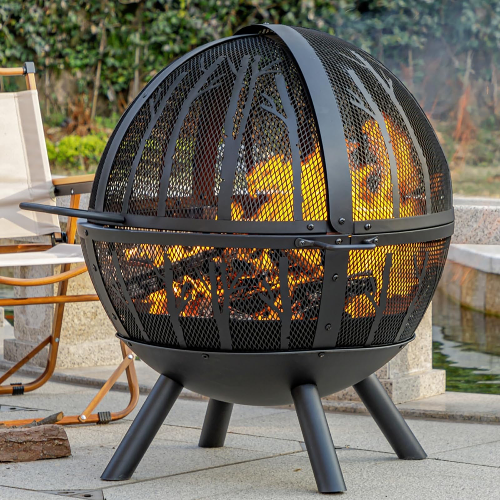Panovue 35 Inch Wood Burning Fire Pit with BBQ Grill, Heavy Duty Fire Pits Ball for Outside with Spark Screen & Removable Ash Pan, Outdoor firepit & Fireplace for Bonfire in Garden, Yard - CookCave