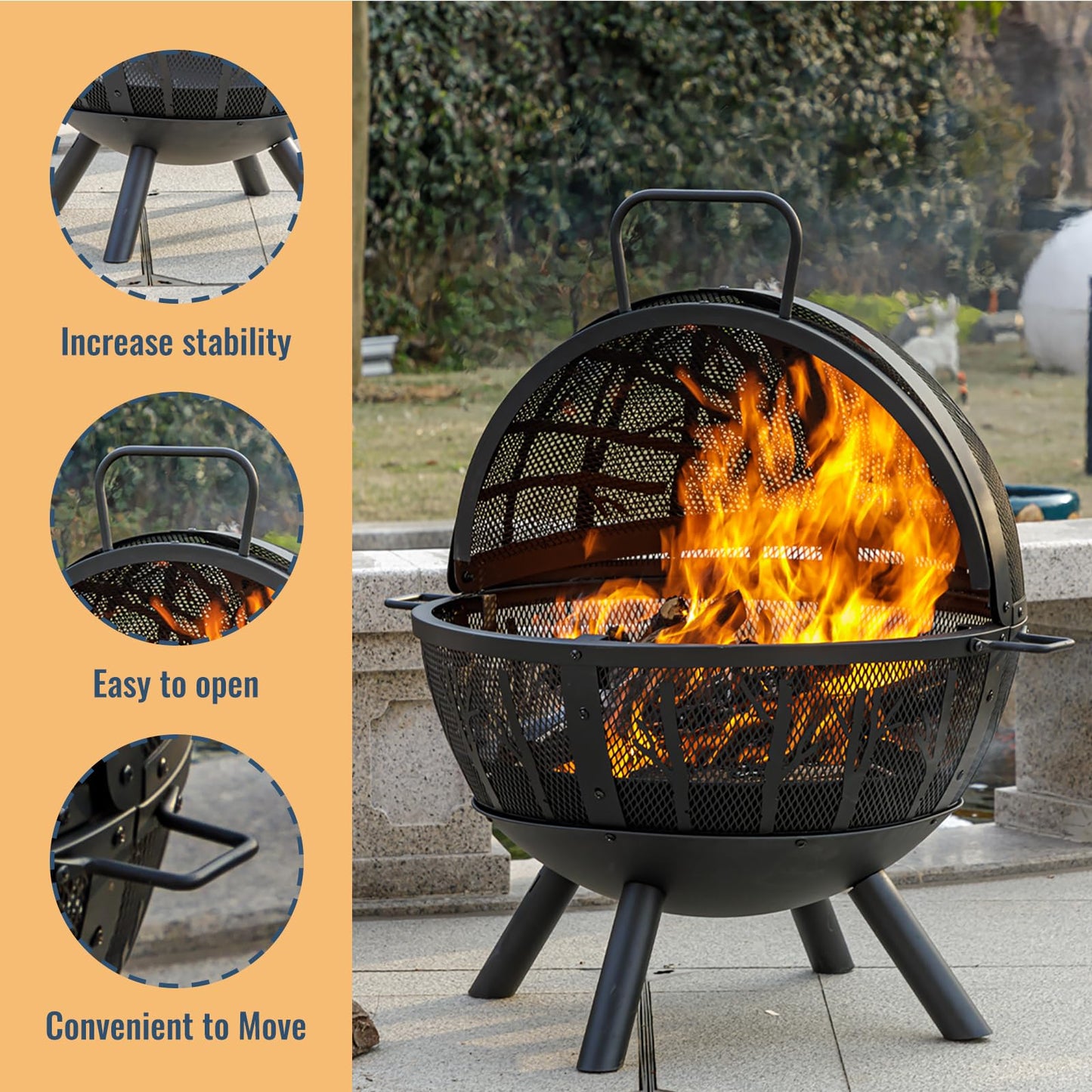 Panovue 35 Inch Wood Burning Fire Pit with BBQ Grill, Heavy Duty Fire Pits Ball for Outside with Spark Screen & Removable Ash Pan, Outdoor firepit & Fireplace for Bonfire in Garden, Yard - CookCave