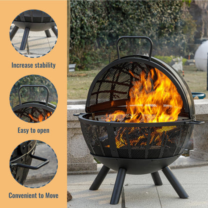 Panovue 35 Inch Wood Burning Fire Pit with BBQ Grill, Heavy Duty Fire Pits Ball for Outside with Spark Screen & Removable Ash Pan, Outdoor firepit & Fireplace for Bonfire in Garden, Yard - CookCave