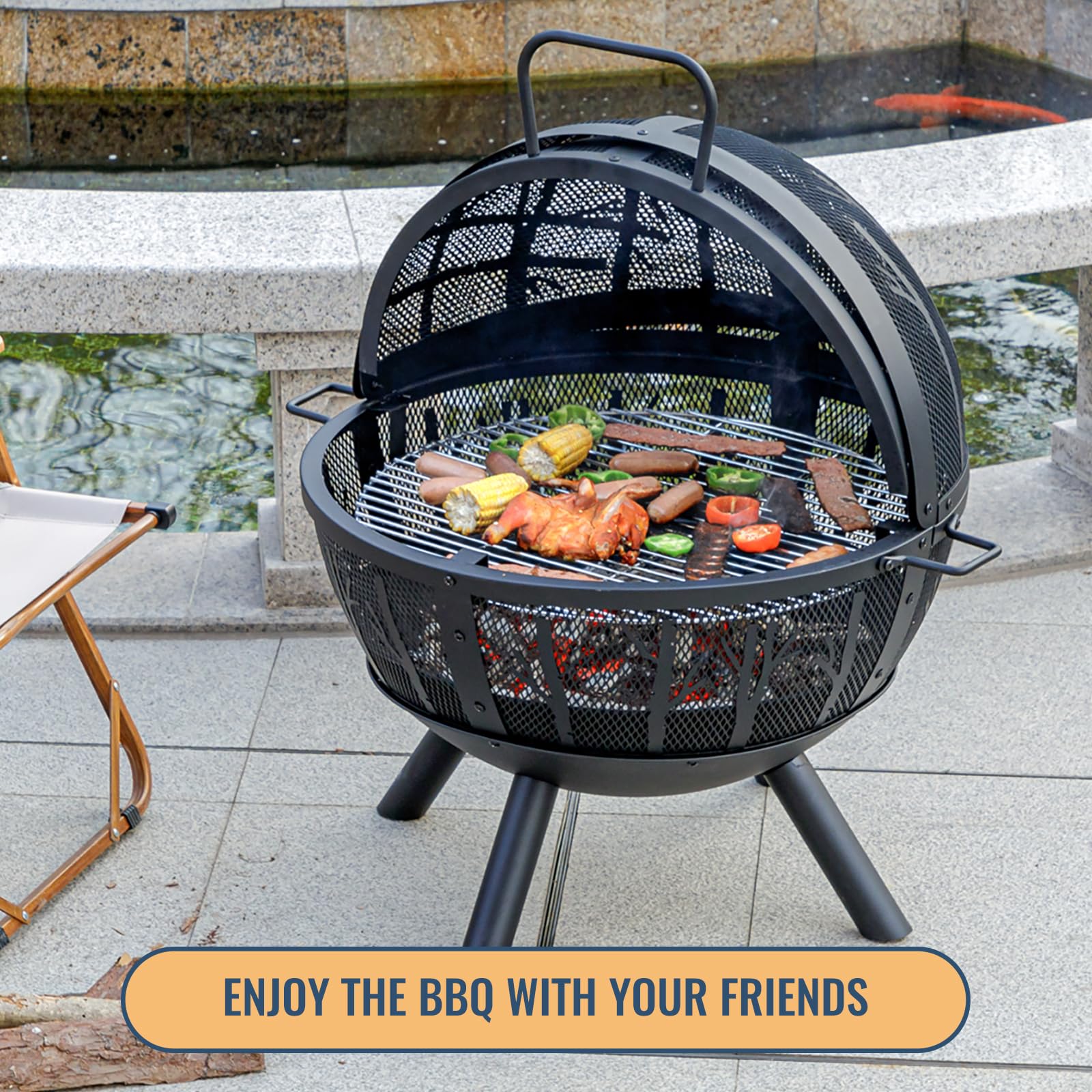 Panovue 35 Inch Wood Burning Fire Pit with BBQ Grill, Heavy Duty Fire Pits Ball for Outside with Spark Screen & Removable Ash Pan, Outdoor firepit & Fireplace for Bonfire in Garden, Yard - CookCave
