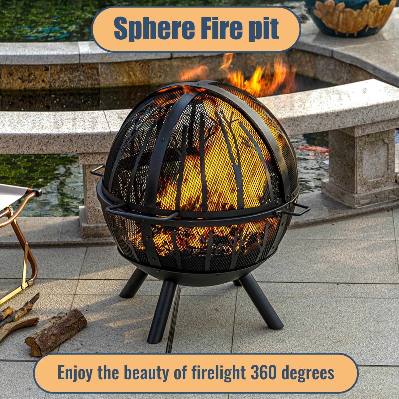 Panovue 35 Inch Wood Burning Fire Pit with BBQ Grill, Heavy Duty Fire Pits Ball for Outside with Spark Screen & Removable Ash Pan, Outdoor firepit & Fireplace for Bonfire in Garden, Yard - CookCave