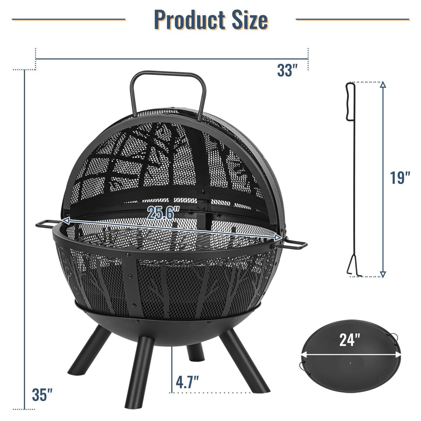 Panovue 35 Inch Wood Burning Fire Pit with BBQ Grill, Heavy Duty Fire Pits Ball for Outside with Spark Screen & Removable Ash Pan, Outdoor firepit & Fireplace for Bonfire in Garden, Yard - CookCave