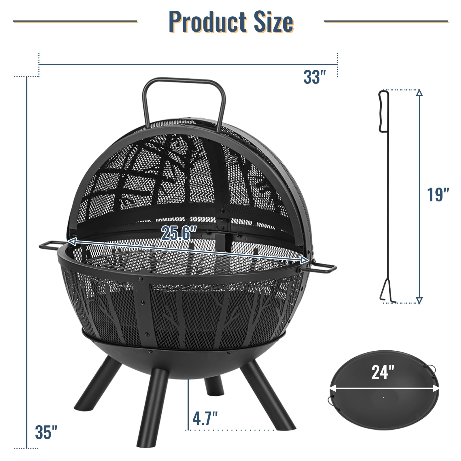 Panovue 35 Inch Wood Burning Fire Pit with BBQ Grill, Heavy Duty Fire Pits Ball for Outside with Spark Screen & Removable Ash Pan, Outdoor firepit & Fireplace for Bonfire in Garden, Yard - CookCave