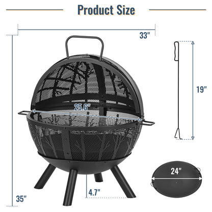 Panovue 35 Inch Wood Burning Fire Pit with BBQ Grill, Heavy Duty Fire Pits Ball for Outside with Spark Screen & Removable Ash Pan, Outdoor firepit & Fireplace for Bonfire in Garden, Yard - CookCave
