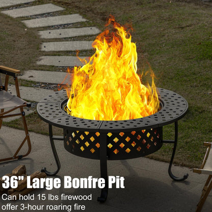 Panovue 36 Inch Fire Pit with 2 BBQ Grills, Wood Burning Fire Pits for Outside with Lid & Fire Poker, BBQ& Outdoor Firepit & Round Metal Table 3 in 1 for Patio, Picnic, Party - CookCave