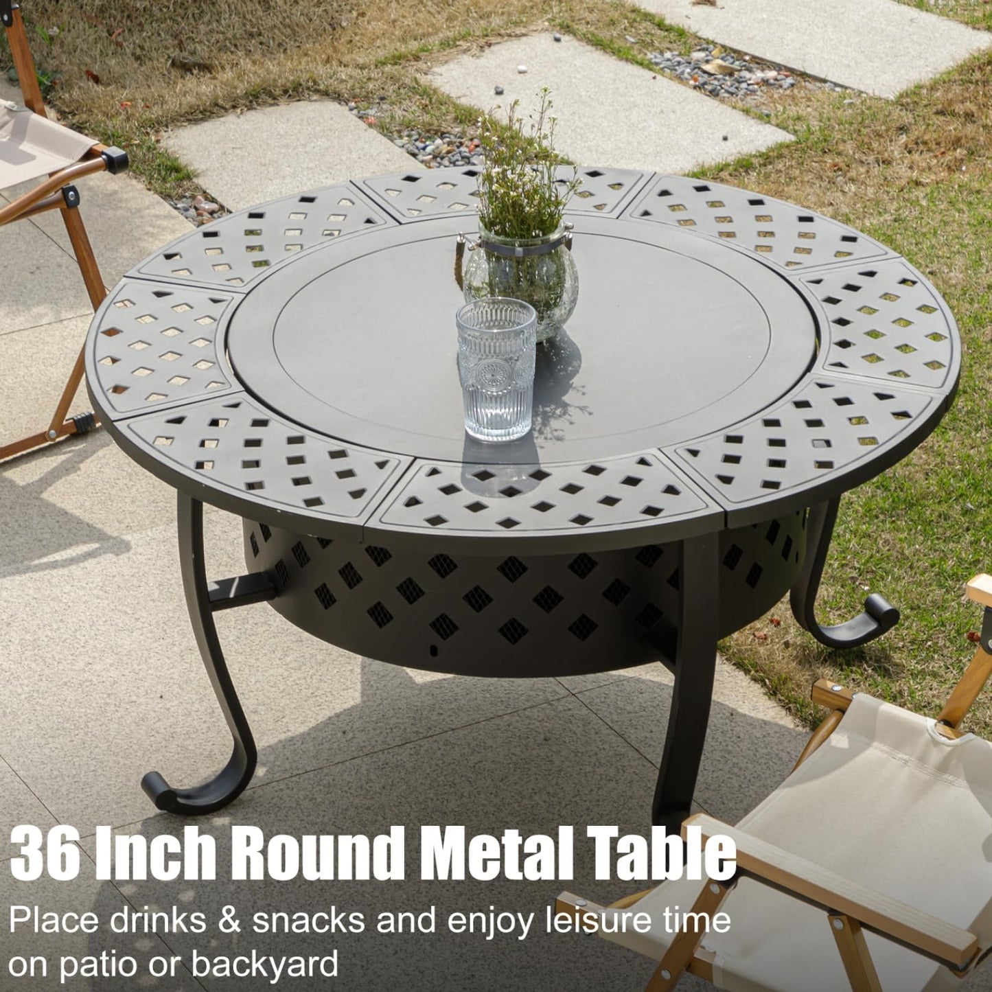 Panovue 36 Inch Fire Pit with 2 BBQ Grills, Wood Burning Fire Pits for Outside with Lid & Fire Poker, BBQ& Outdoor Firepit & Round Metal Table 3 in 1 for Patio, Picnic, Party - CookCave