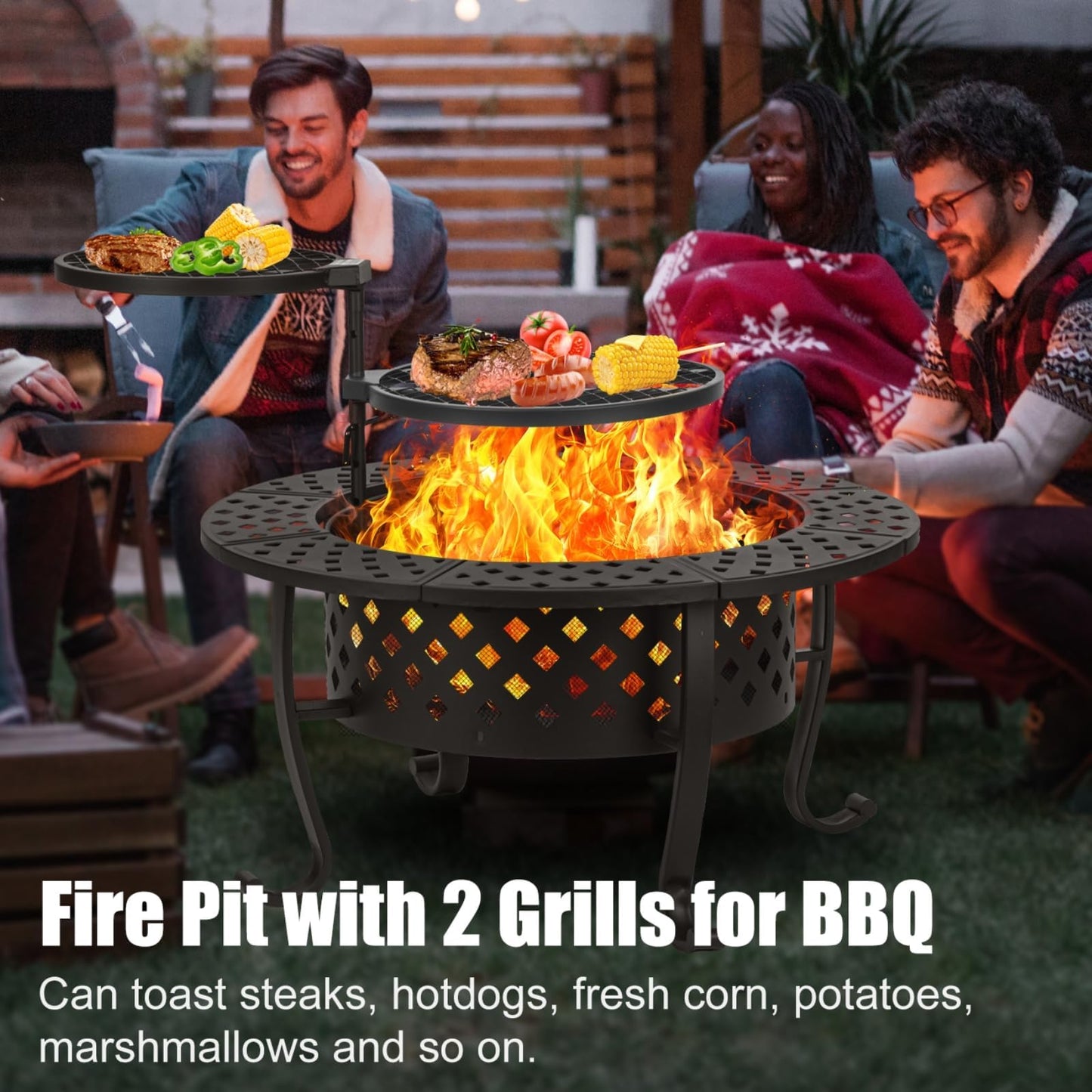 Panovue 36 Inch Fire Pit with 2 BBQ Grills, Wood Burning Fire Pits for Outside with Lid & Fire Poker, BBQ& Outdoor Firepit & Round Metal Table 3 in 1 for Patio, Picnic, Party - CookCave