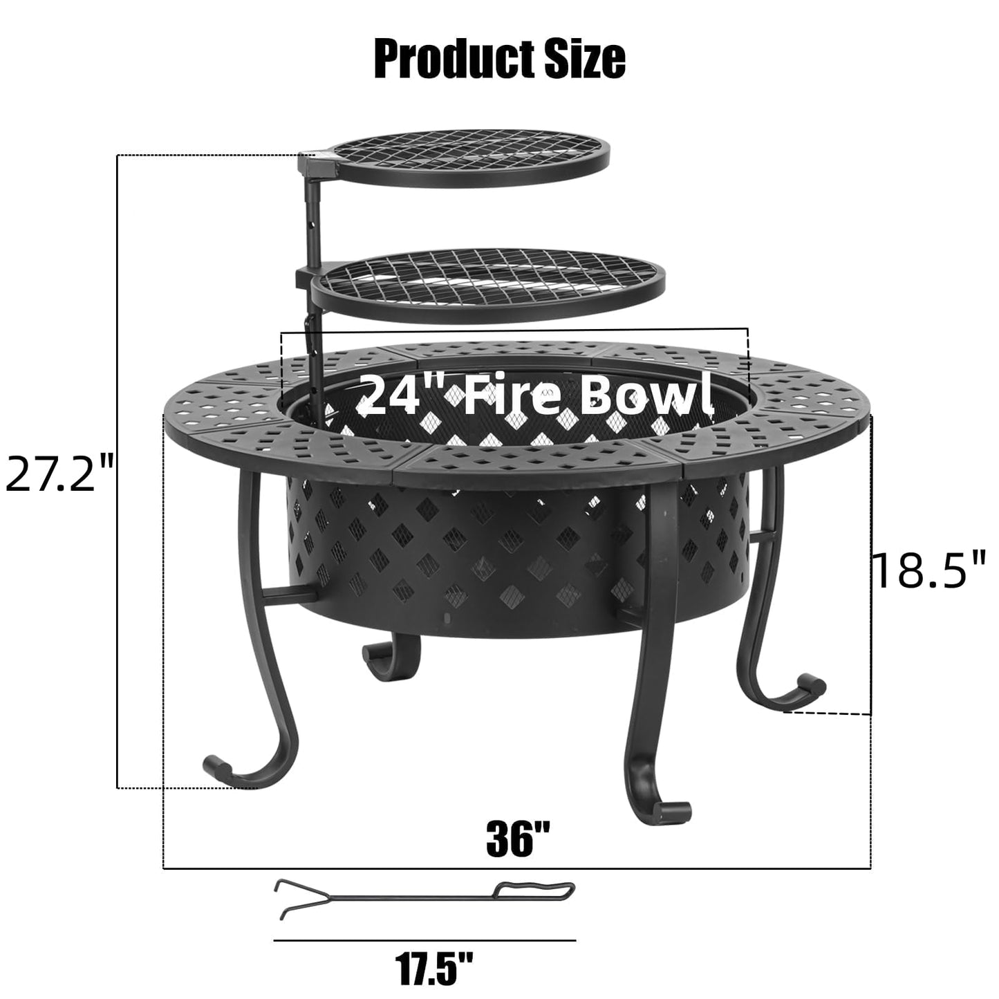 Panovue 36 Inch Fire Pit with 2 BBQ Grills, Wood Burning Fire Pits for Outside with Lid & Fire Poker, BBQ& Outdoor Firepit & Round Metal Table 3 in 1 for Patio, Picnic, Party - CookCave