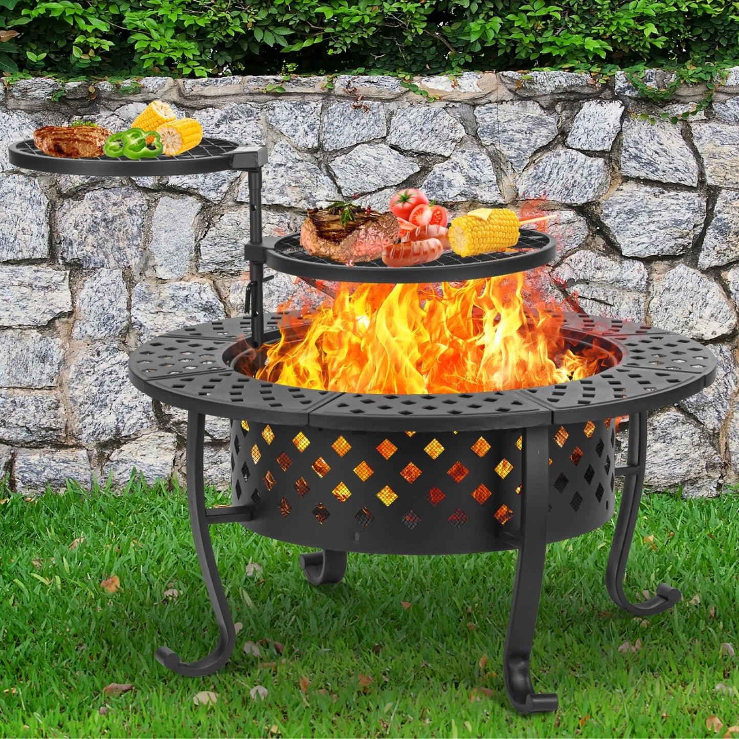 Panovue 36 Inch Fire Pit with 2 BBQ Grills, Wood Burning Fire Pits for Outside with Lid & Fire Poker, BBQ& Outdoor Firepit & Round Metal Table 3 in 1 for Patio, Picnic, Party - CookCave
