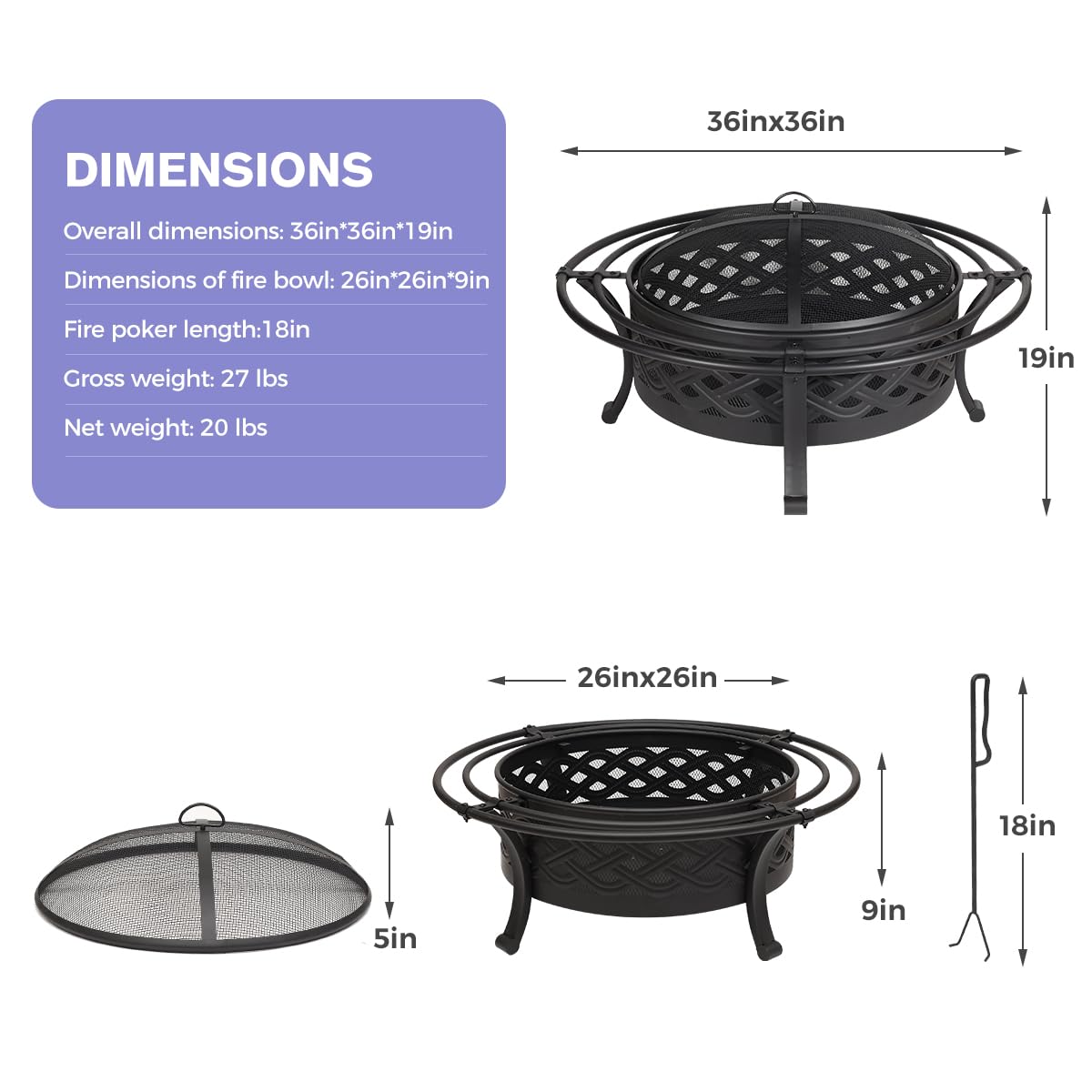 Panovue 36 Inch Fire Pit with 2 Loops,Crossweave Wood Burning Fire Pits for Outside,with Spark Screen,Fire Poker,Round Outdoor Firepit for Patio,Yard,Garden,Camping,Bonfire,Black - CookCave