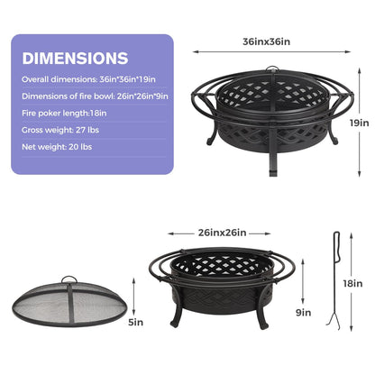 Panovue 36 Inch Fire Pit with 2 Loops,Crossweave Wood Burning Fire Pits for Outside,with Spark Screen,Fire Poker,Round Outdoor Firepit for Patio,Yard,Garden,Camping,Bonfire,Black - CookCave