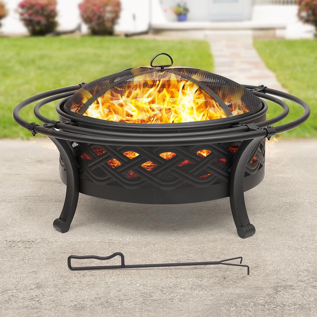 Panovue 36 Inch Fire Pit with 2 Loops,Crossweave Wood Burning Fire Pits for Outside,with Spark Screen,Fire Poker,Round Outdoor Firepit for Patio,Yard,Garden,Camping,Bonfire,Black - CookCave