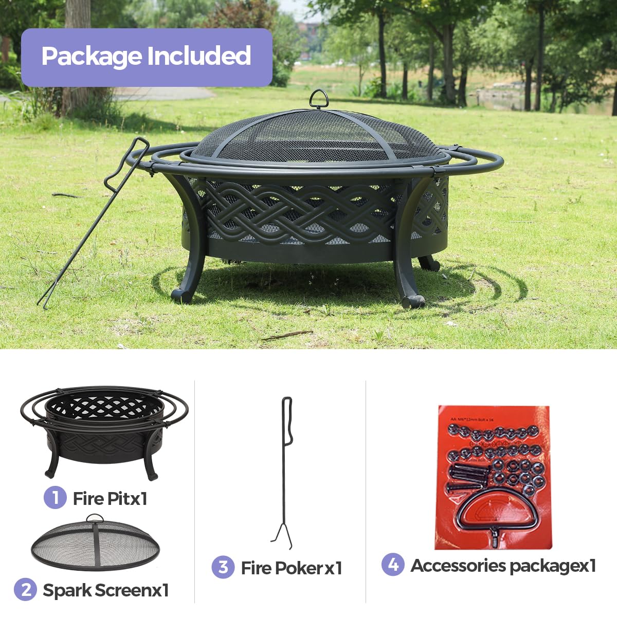 Panovue 36 Inch Fire Pit with 2 Loops,Crossweave Wood Burning Fire Pits for Outside,with Spark Screen,Fire Poker,Round Outdoor Firepit for Patio,Yard,Garden,Camping,Bonfire,Black - CookCave