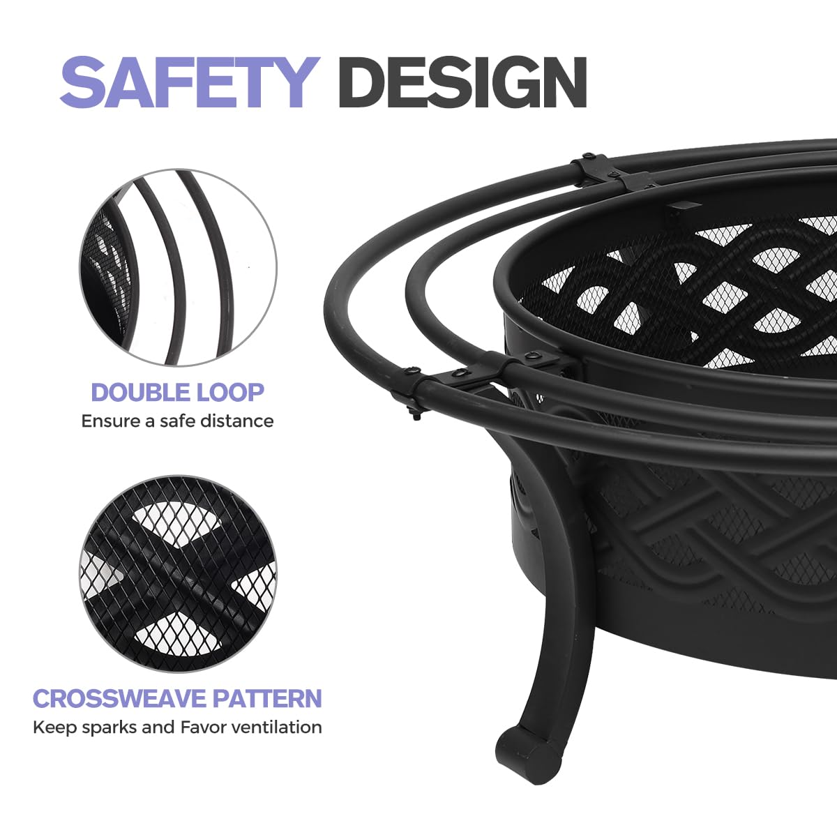 Panovue 36 Inch Fire Pit with 2 Loops,Crossweave Wood Burning Fire Pits for Outside,with Spark Screen,Fire Poker,Round Outdoor Firepit for Patio,Yard,Garden,Camping,Bonfire,Black - CookCave