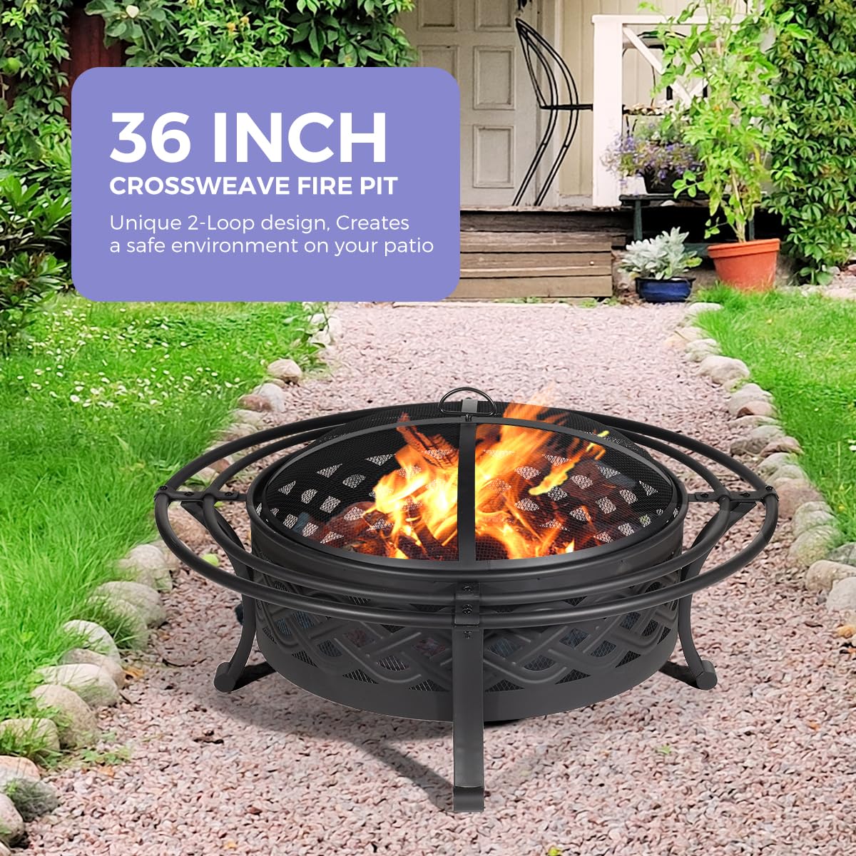 Panovue 36 Inch Fire Pit with 2 Loops,Crossweave Wood Burning Fire Pits for Outside,with Spark Screen,Fire Poker,Round Outdoor Firepit for Patio,Yard,Garden,Camping,Bonfire,Black - CookCave