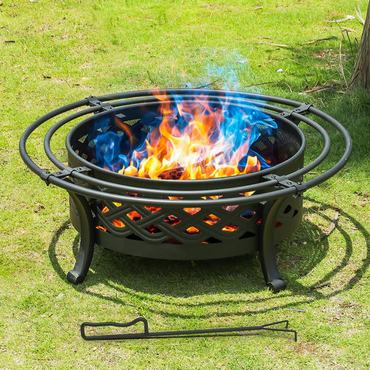 Panovue 36 Inch Fire Pit with 2 Loops,Crossweave Wood Burning Fire Pits for Outside,with Spark Screen,Fire Poker,Round Outdoor Firepit for Patio,Yard,Garden,Camping,Bonfire,Black - CookCave