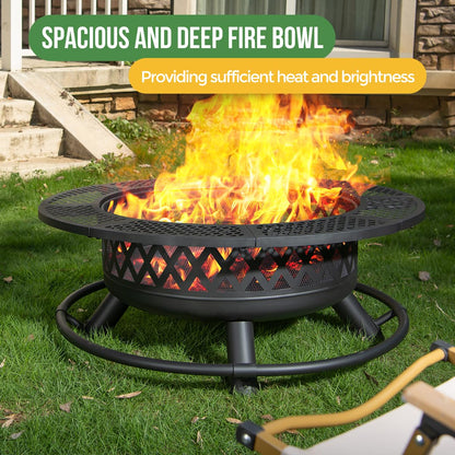 Panovue 36 Inch Fire Pit with Grill, Wood Burning Fire Pits for Outside with Lid& Fire Poker, Round Metal Firepit Table 3 in 1 with Cooking Grate,Outdoor Firepits for Yard Patio Bonfire Camping,Black - CookCave