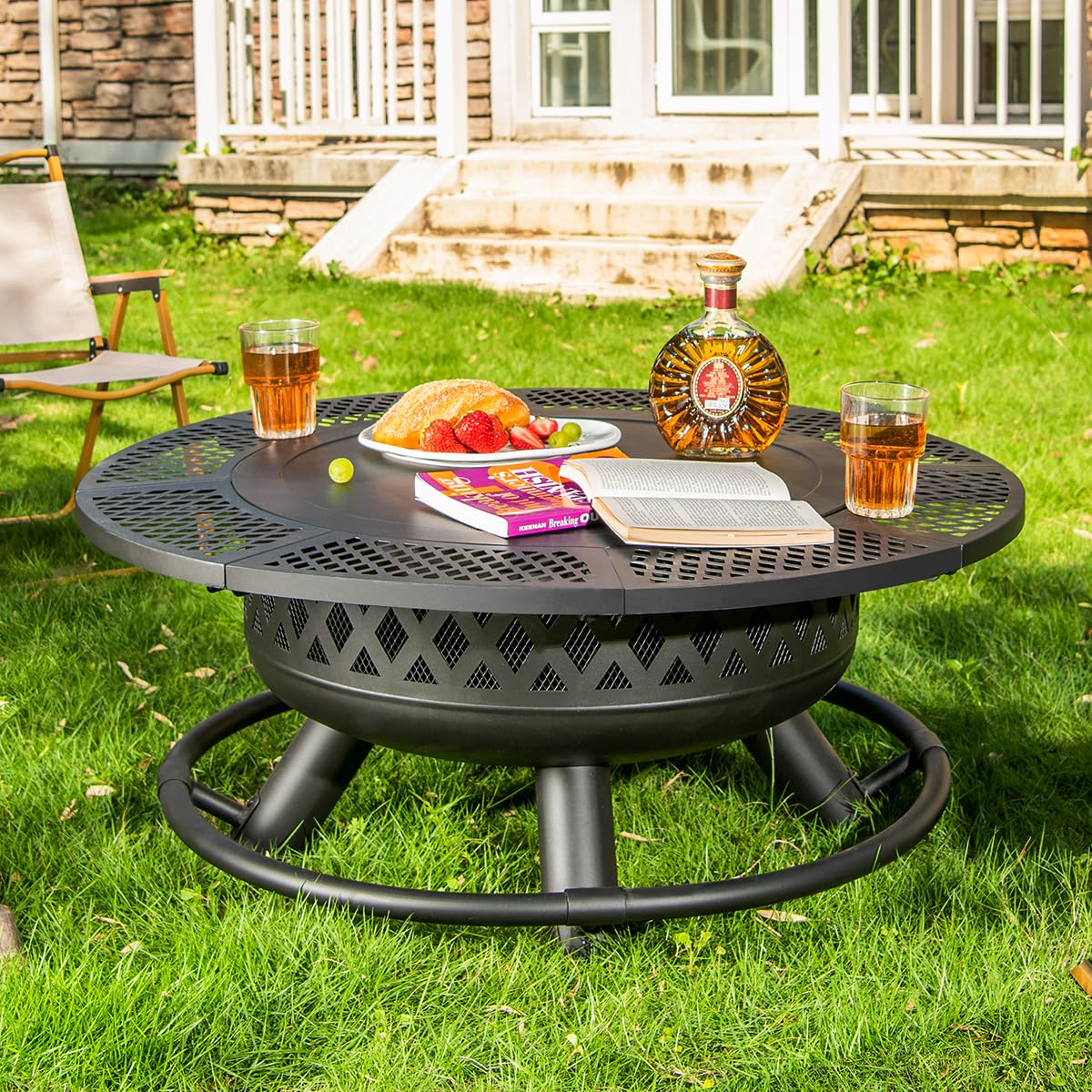 Panovue 36 Inch Fire Pit with Grill, Wood Burning Fire Pits for Outside with Lid& Fire Poker, Round Metal Firepit Table 3 in 1 with Cooking Grate,Outdoor Firepits for Yard Patio Bonfire Camping,Black - CookCave
