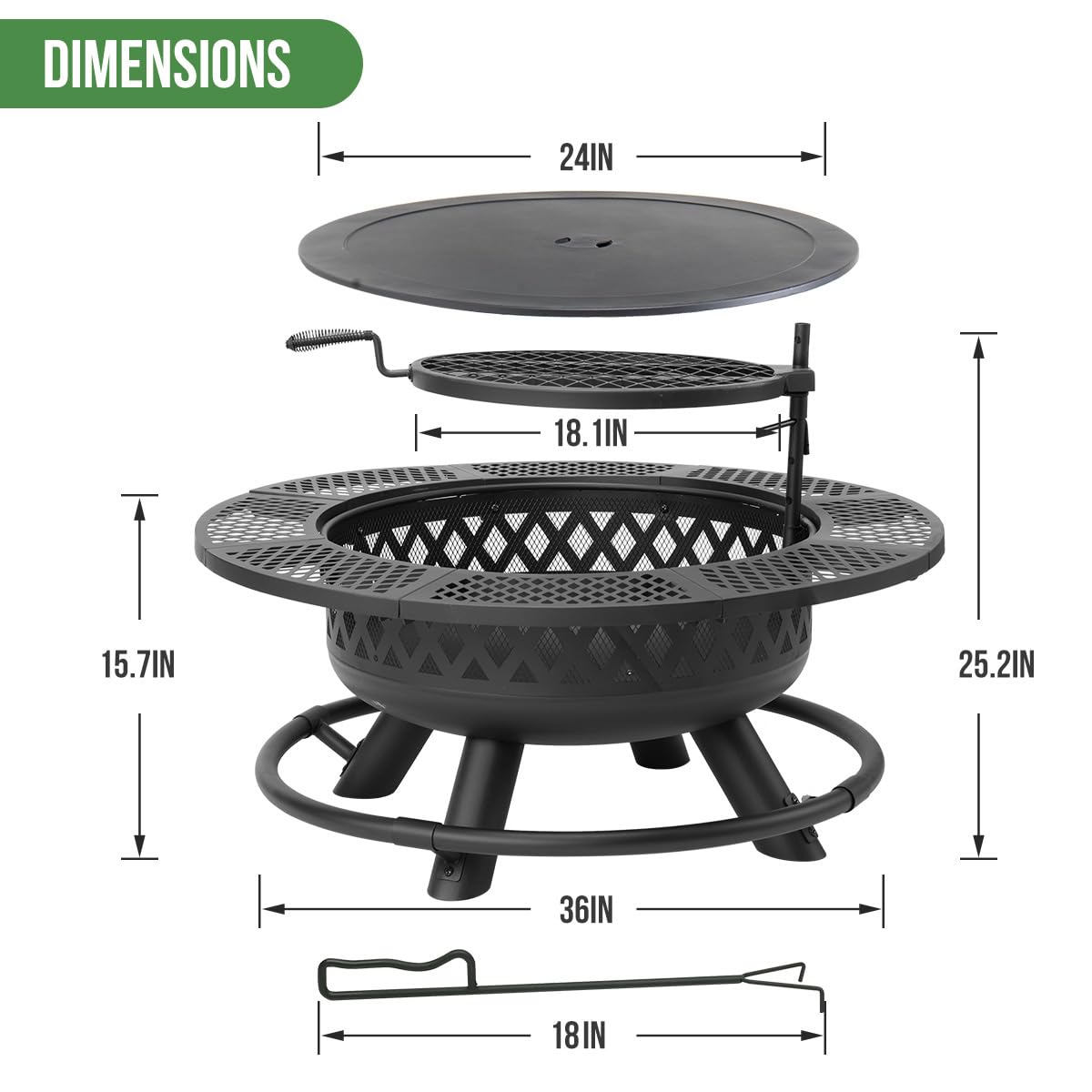 Panovue 36 Inch Fire Pit with Grill, Wood Burning Fire Pits for Outside with Lid& Fire Poker, Round Metal Firepit Table 3 in 1 with Cooking Grate,Outdoor Firepits for Yard Patio Bonfire Camping,Black - CookCave