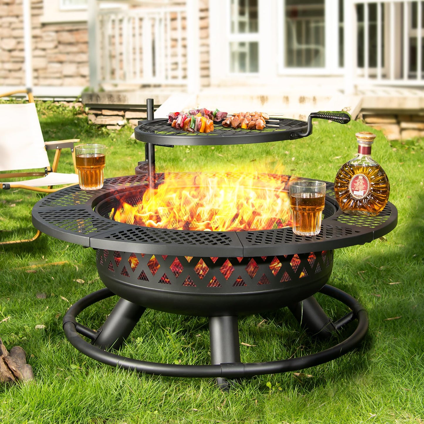 Panovue 36 Inch Fire Pit with Grill, Wood Burning Fire Pits for Outside with Lid& Fire Poker, Round Metal Firepit Table 3 in 1 with Cooking Grate,Outdoor Firepits for Yard Patio Bonfire Camping,Black - CookCave