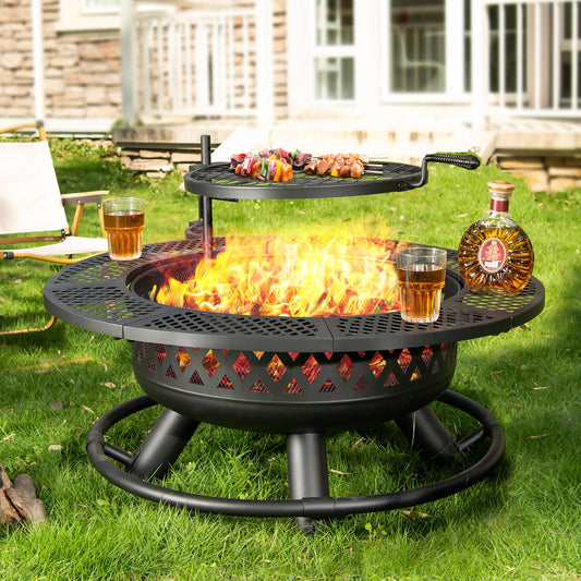Panovue 36 Inch Fire Pit with Grill, Wood Burning Fire Pits for Outside with Lid& Fire Poker, Round Metal Firepit Table 3 in 1 with Cooking Grate,Outdoor Firepits for Yard Patio Bonfire Camping,Black - CookCave