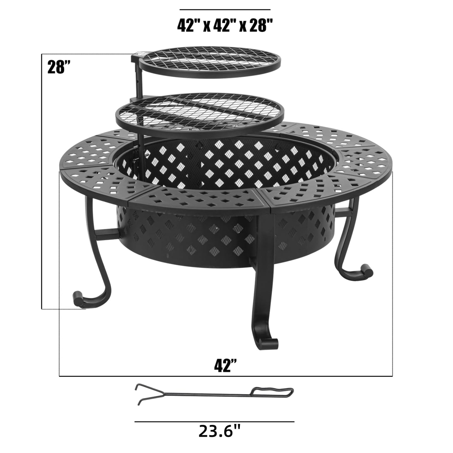 Panovue 42 Inch Fire Pit with 2 BBQ Grills, Wood Burning Fire Pits for Outside with Lid & Fire Poker, BBQ& Outdoor Firepit & Round Metal Table 3 in 1 for Patio, Picnic, Party - CookCave