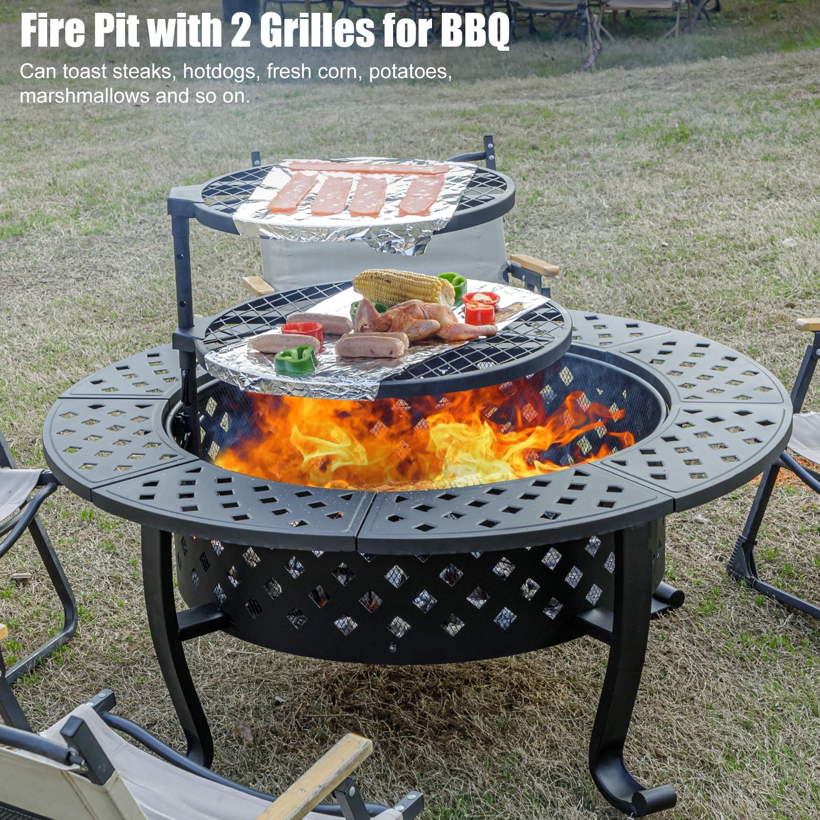 Panovue 42 Inch Fire Pit with 2 BBQ Grills, Wood Burning Fire Pits for Outside with Lid & Fire Poker, BBQ& Outdoor Firepit & Round Metal Table 3 in 1 for Patio, Picnic, Party - CookCave