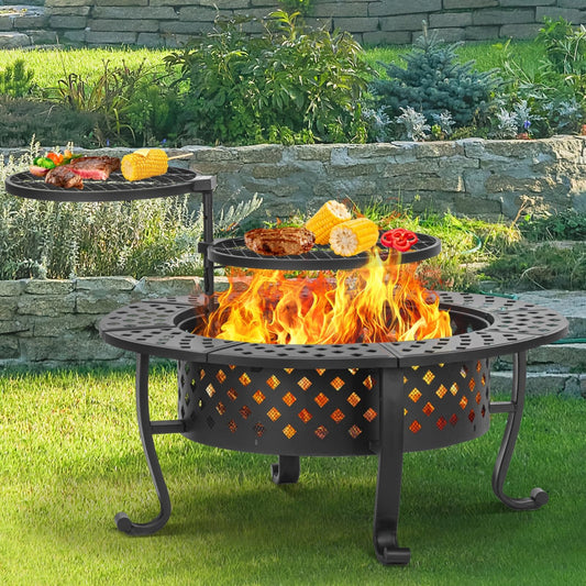 Panovue 42 Inch Fire Pit with 2 BBQ Grills, Wood Burning Fire Pits for Outside with Lid & Fire Poker, BBQ& Outdoor Firepit & Round Metal Table 3 in 1 for Patio, Picnic, Party - CookCave