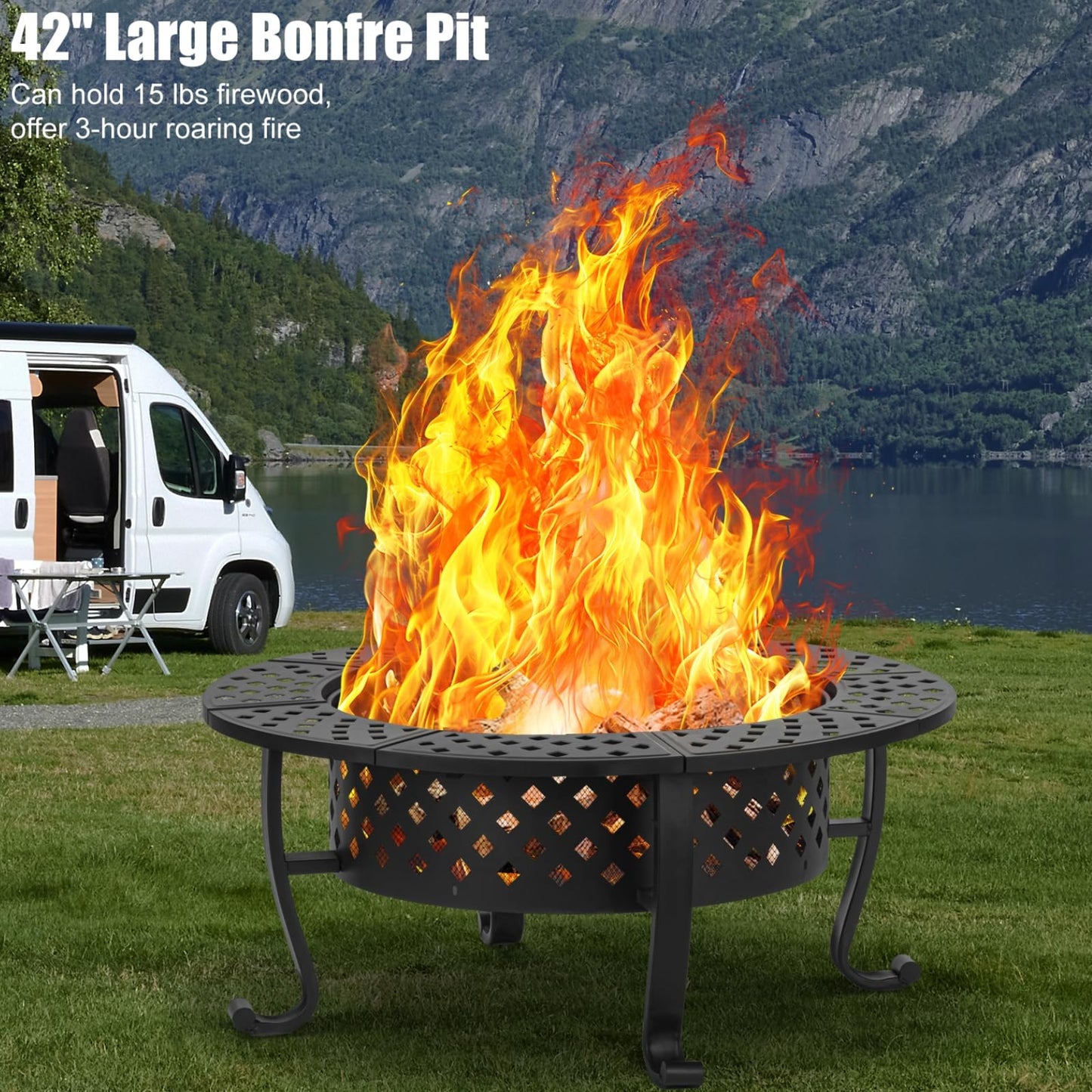 Panovue 42 Inch Fire Pit with 2 BBQ Grills, Wood Burning Fire Pits for Outside with Lid & Fire Poker, BBQ& Outdoor Firepit & Round Metal Table 3 in 1 for Patio, Picnic, Party - CookCave