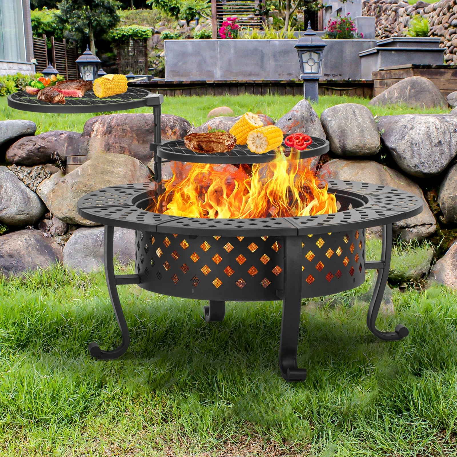 Panovue 42 Inch Fire Pit with 2 BBQ Grills, Wood Burning Fire Pits for Outside with Lid & Fire Poker, BBQ& Outdoor Firepit & Round Metal Table 3 in 1 for Patio, Picnic, Party - CookCave