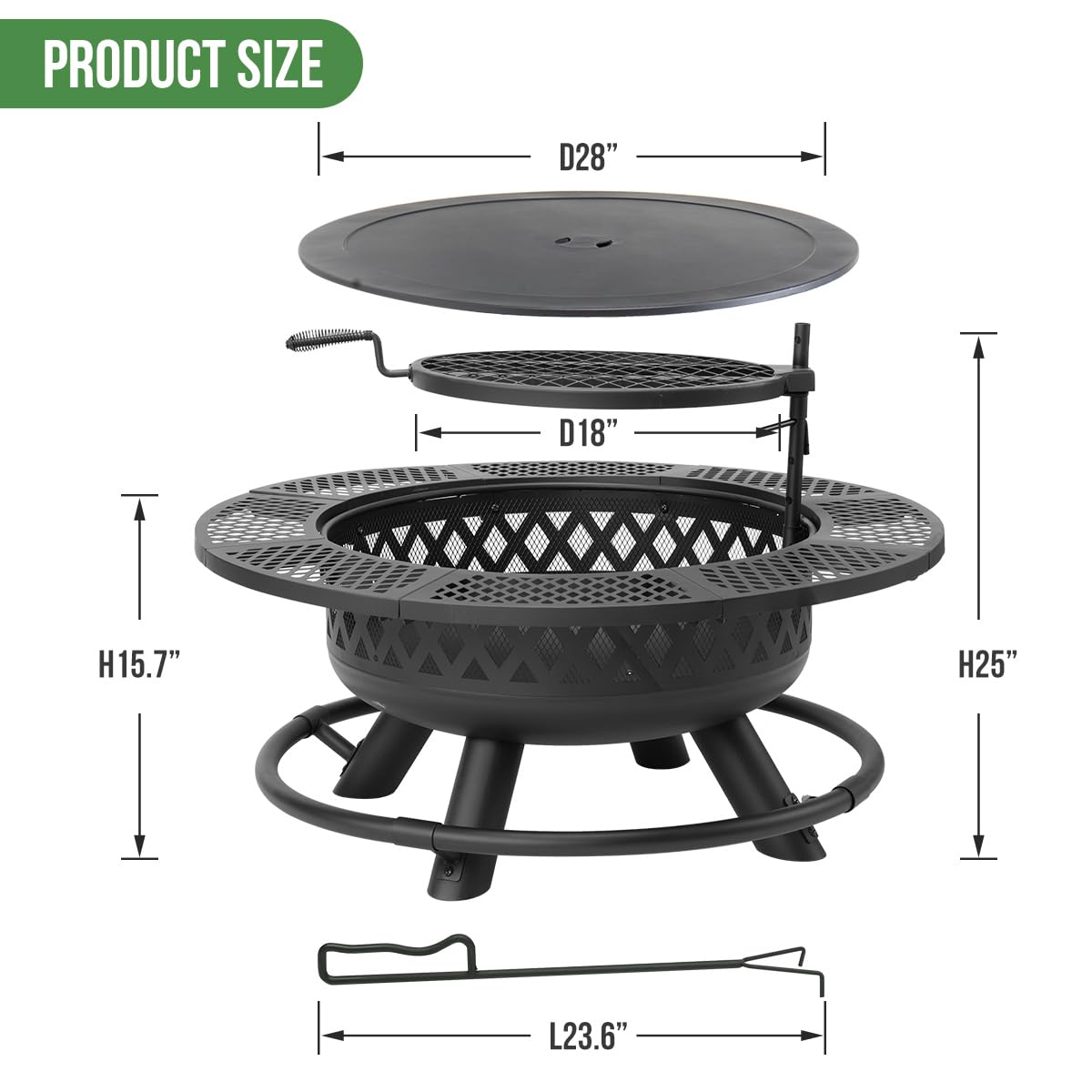 Panovue 42 Inch Outdoor Fire Pit with Grill, Large Firepit Table for Outside, Metal Round Firepits with Lid&Fire Poker,3 in 1 Wood Burning Fire Pits & Outdoor Fireplaces for Backyard,Patio(Black) - CookCave