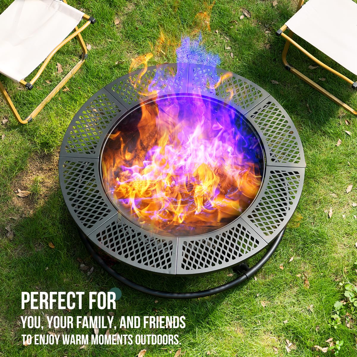 Panovue 42 Inch Outdoor Fire Pit with Grill, Large Firepit Table for Outside, Metal Round Firepits with Lid&Fire Poker,3 in 1 Wood Burning Fire Pits & Outdoor Fireplaces for Backyard,Patio(Black) - CookCave