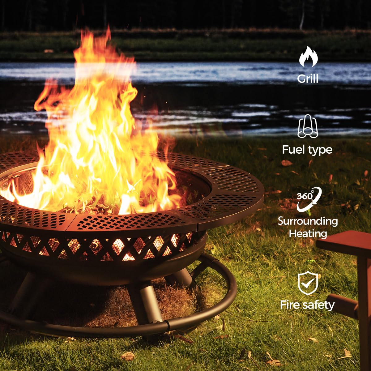 Panovue 42 Inch Outdoor Fire Pit with Grill, Large Firepit Table for Outside, Metal Round Firepits with Lid&Fire Poker,3 in 1 Wood Burning Fire Pits & Outdoor Fireplaces for Backyard,Patio(Black) - CookCave