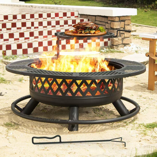 Panovue 42 Inch Outdoor Fire Pit with Grill, Large Firepit Table for Outside, Metal Round Firepits with Lid&Fire Poker,3 in 1 Wood Burning Fire Pits & Outdoor Fireplaces for Backyard,Patio(Black) - CookCave
