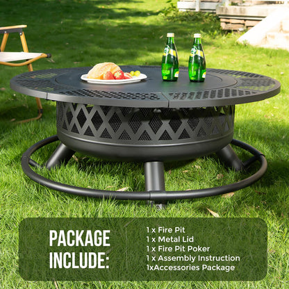 Panovue 42 Inch Outdoor Fire Pit with Grill, Large Firepit Table for Outside, Metal Round Firepits with Lid&Fire Poker,3 in 1 Wood Burning Fire Pits & Outdoor Fireplaces for Backyard,Patio(Black) - CookCave