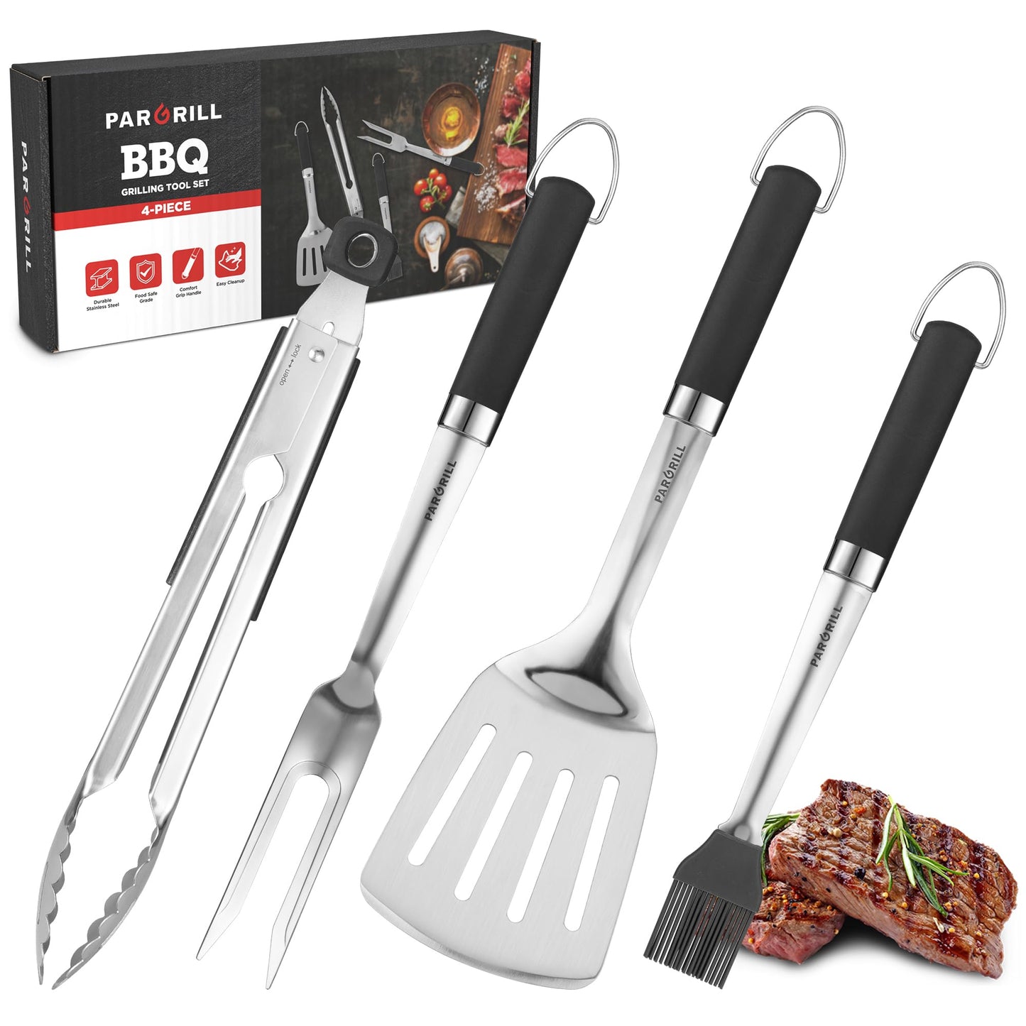 PARGRILL Grill Accessories Heavy Duty BBQ Set Gifts for Men/Women - Premium Stainless Steel Spatula, Fork, Brush & Tongs, Barbecue Utensils Tool Kit Gift for Grilling Lover Outdoor - CookCave