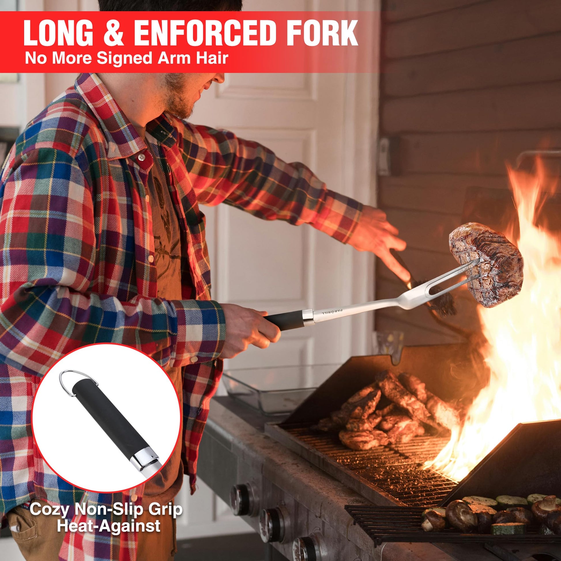 PARGRILL Grill Accessories Heavy Duty BBQ Set Gifts for Men/Women - Premium Stainless Steel Spatula, Fork, Brush & Tongs, Barbecue Utensils Tool Kit Gift for Grilling Lover Outdoor - CookCave