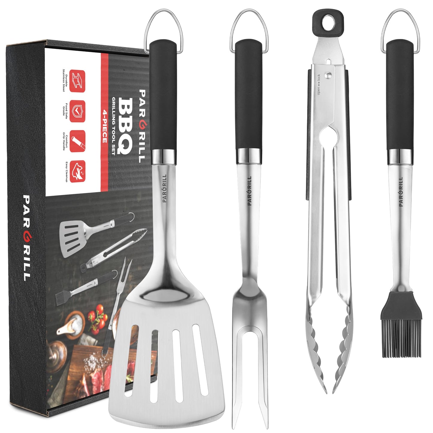 PARGRILL Grill Accessories Heavy Duty BBQ Set Gifts for Men/Women - Premium Stainless Steel Spatula, Fork, Brush & Tongs, Barbecue Utensils Tool Kit Gift for Grilling Lover Outdoor - CookCave