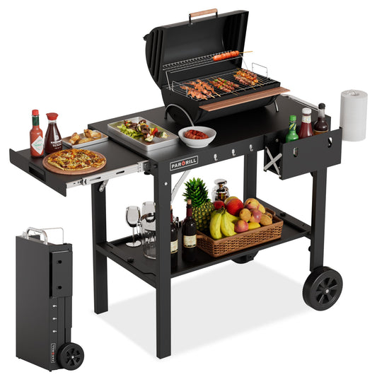 PARGRILL Outdoor Grill Table, Folding Grill Cart with Pull-Out Side Table, Blackstone Griddle Stand, Fit 17 Inch Or 22 Inch, Stainless Steel BBQ Prep Station, Pizza Oven Stand - CookCave