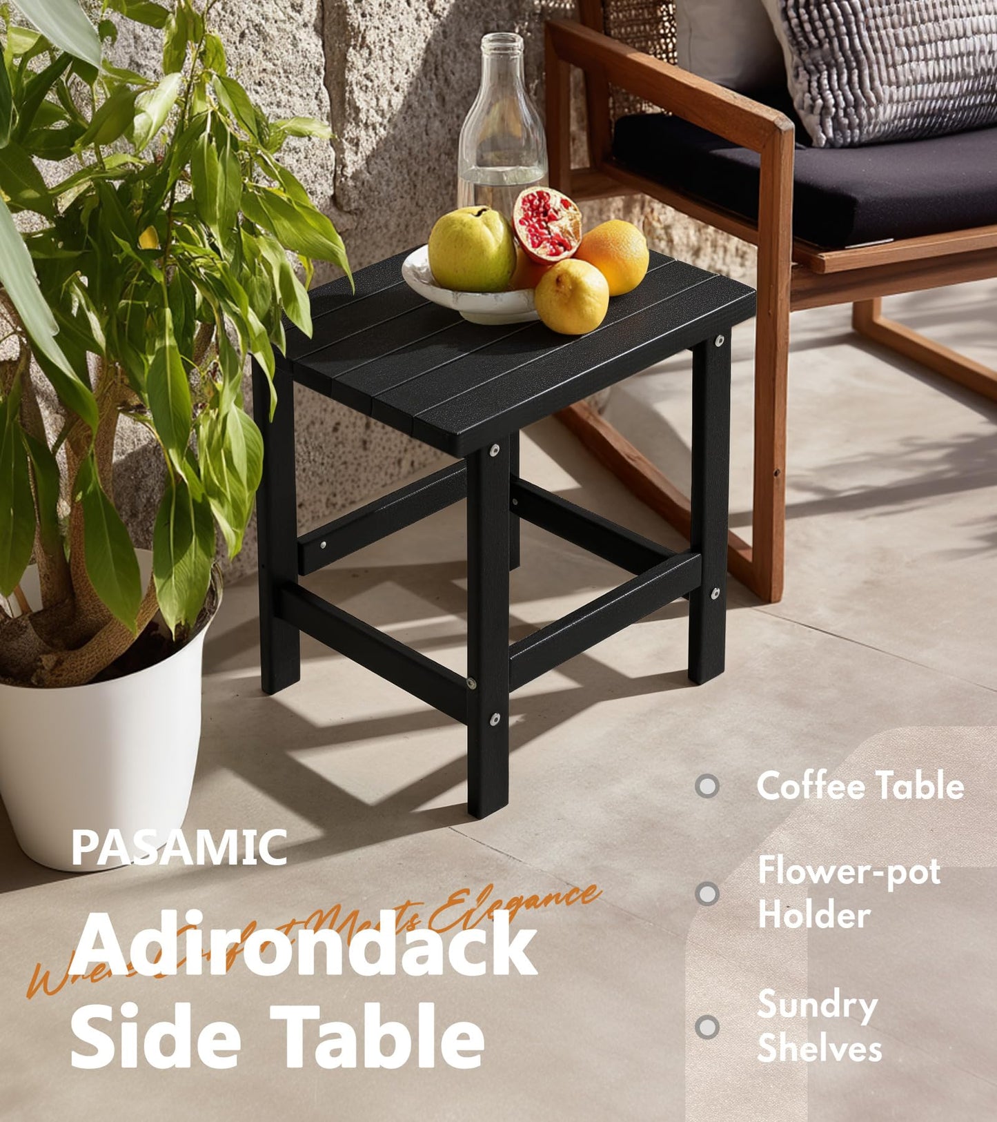 PASAMIC Adirondack Square Side Table, HDPE Outdoor Side Tables, Weather Resistant End Table for Patio, Backyard, Pool, Indoor Companion, Beach, Easy Maintenance (Black) - CookCave