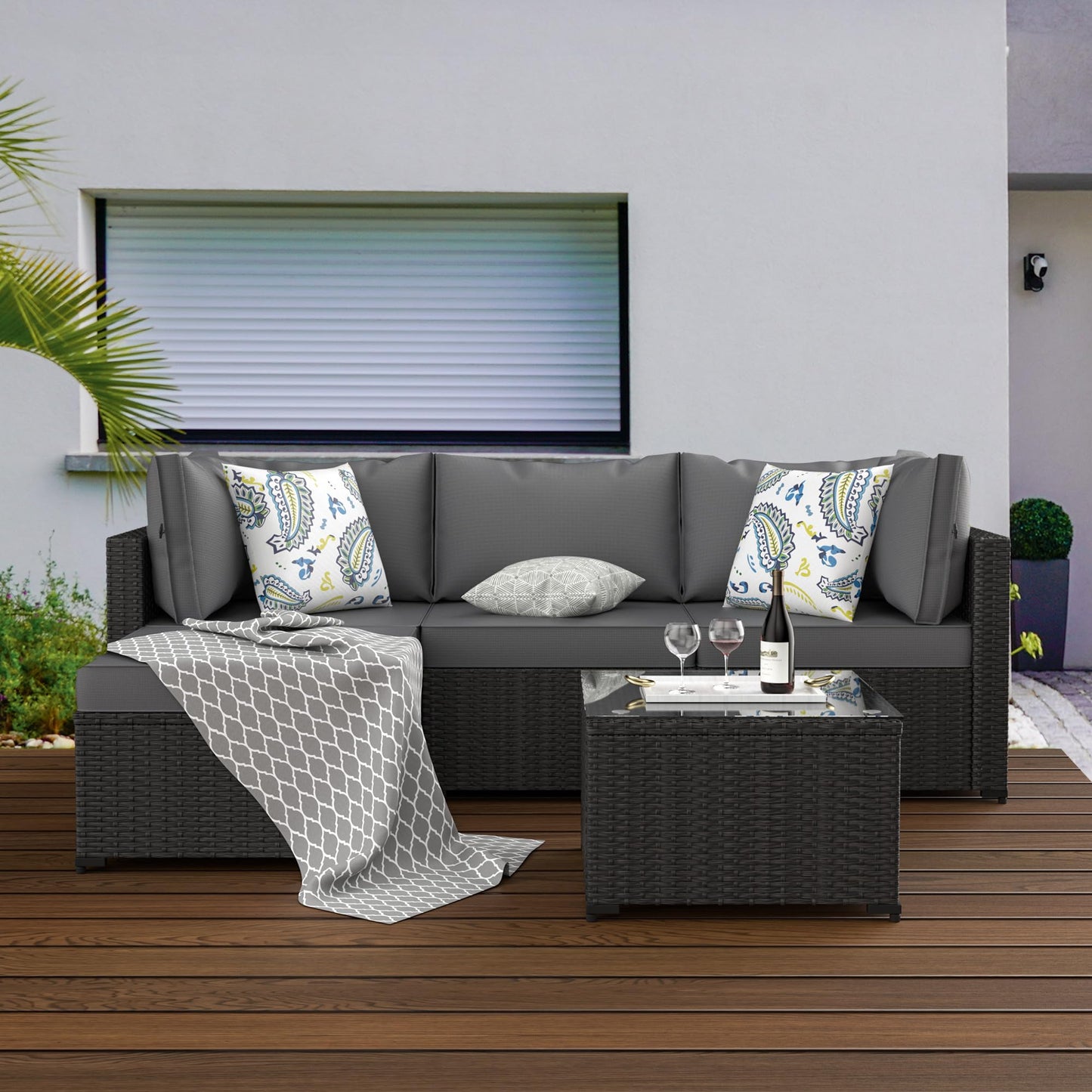 Patio Furniture Set, 5PCS Outdoor Sectional with Ottoman Wicker Rattan Patio Couch with Thickened Cushion Modular Wicker Patio Conversation Set with Glass Top Table for Balcony, Backyard (Grey) - CookCave
