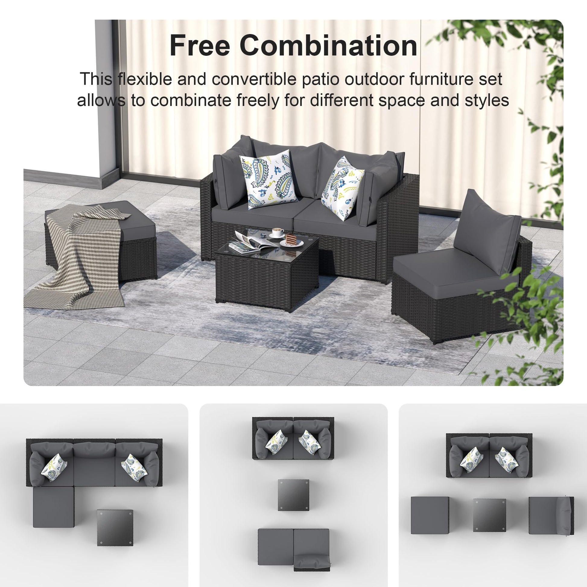 Patio Furniture Set, 5PCS Outdoor Sectional with Ottoman Wicker Rattan Patio Couch with Thickened Cushion Modular Wicker Patio Conversation Set with Glass Top Table for Balcony, Backyard (Grey) - CookCave