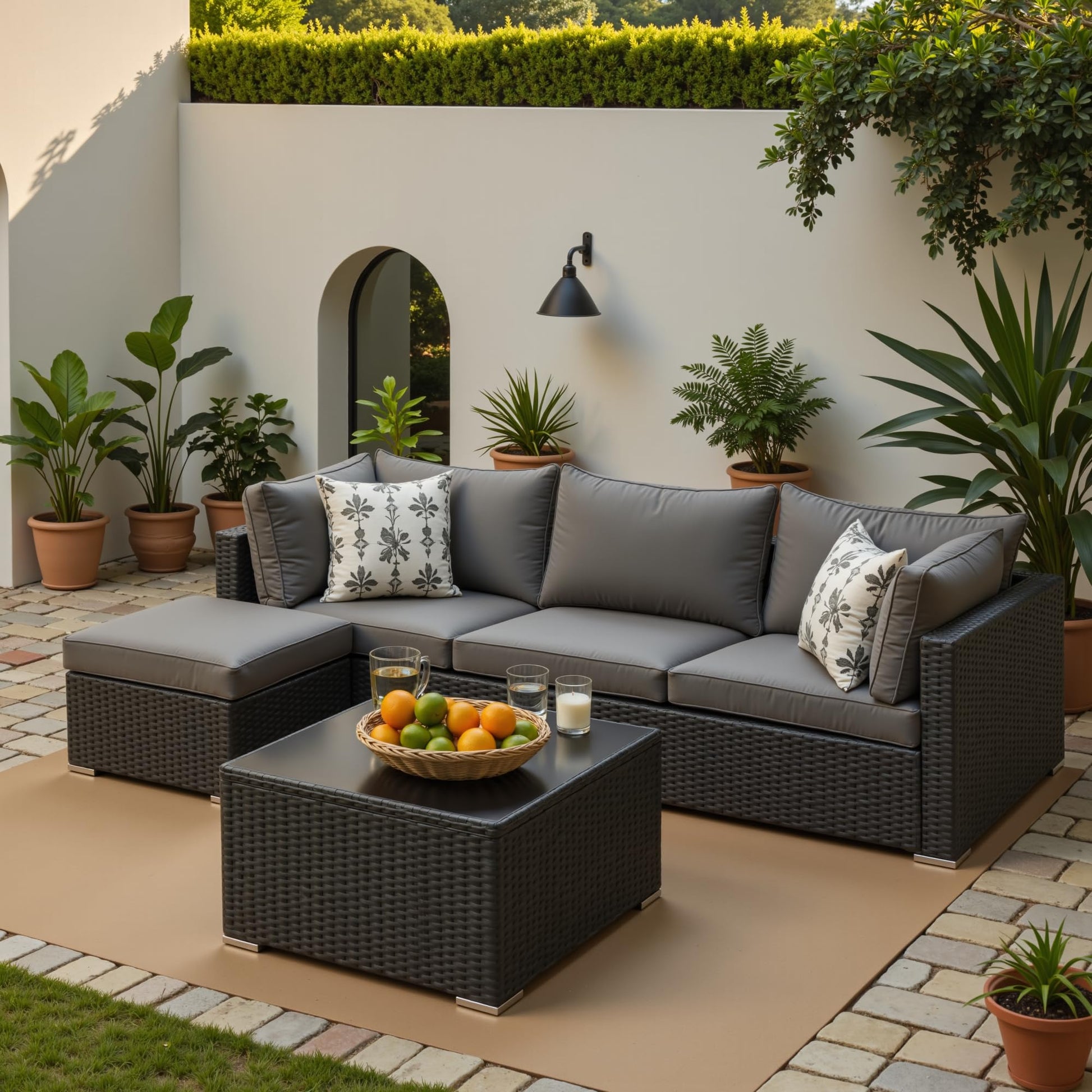 Patio Furniture Set, 5PCS Outdoor Sectional with Ottoman Wicker Rattan Patio Couch with Thickened Cushion Modular Wicker Patio Conversation Set with Glass Top Table for Balcony, Backyard (Grey) - CookCave