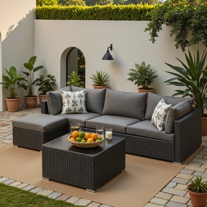 Patio Furniture Set, 5PCS Outdoor Sectional with Ottoman Wicker Rattan Patio Couch with Thickened Cushion Modular Wicker Patio Conversation Set with Glass Top Table for Balcony, Backyard (Grey) - CookCave