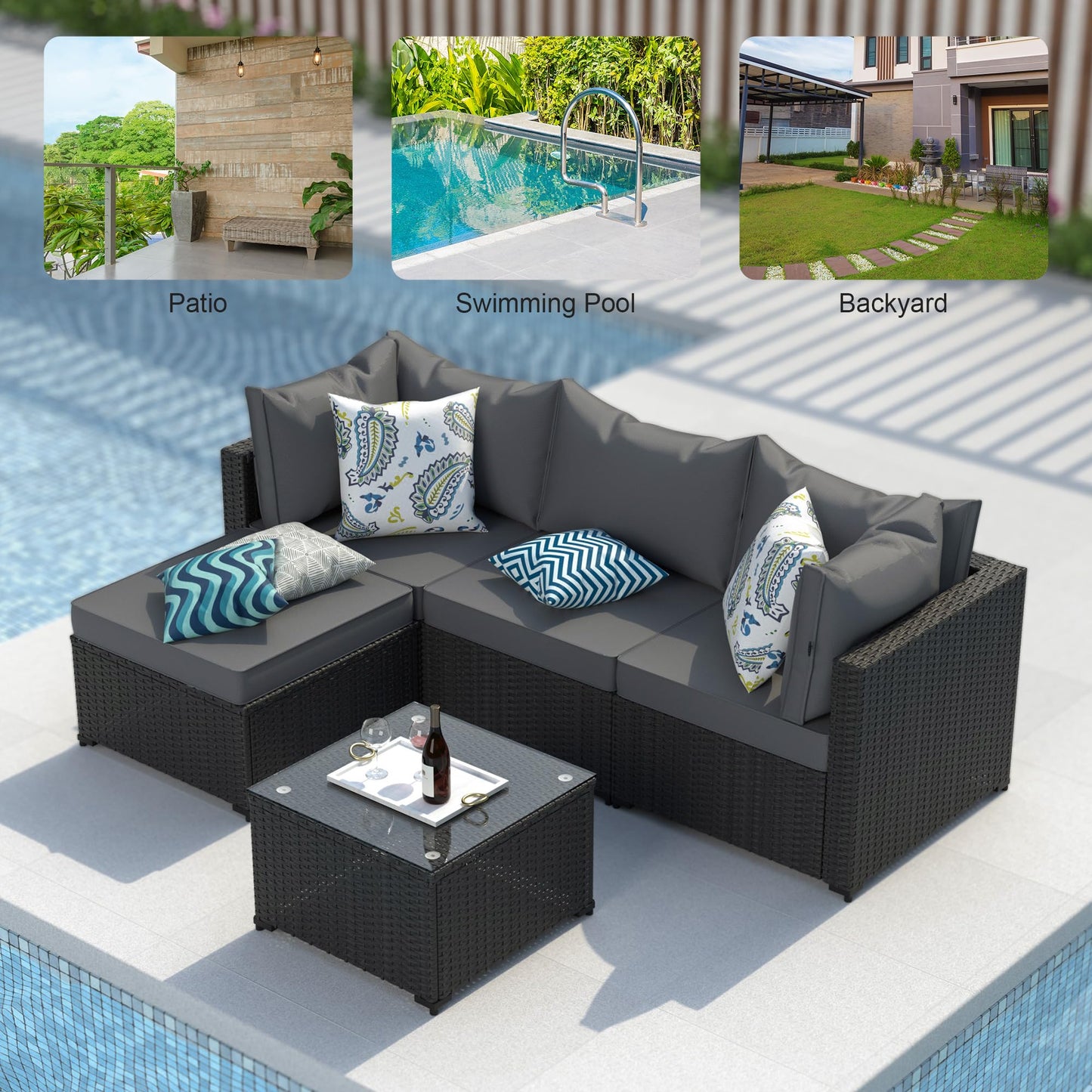 Patio Furniture Set, 5PCS Outdoor Sectional with Ottoman Wicker Rattan Patio Couch with Thickened Cushion Modular Wicker Patio Conversation Set with Glass Top Table for Balcony, Backyard (Grey) - CookCave