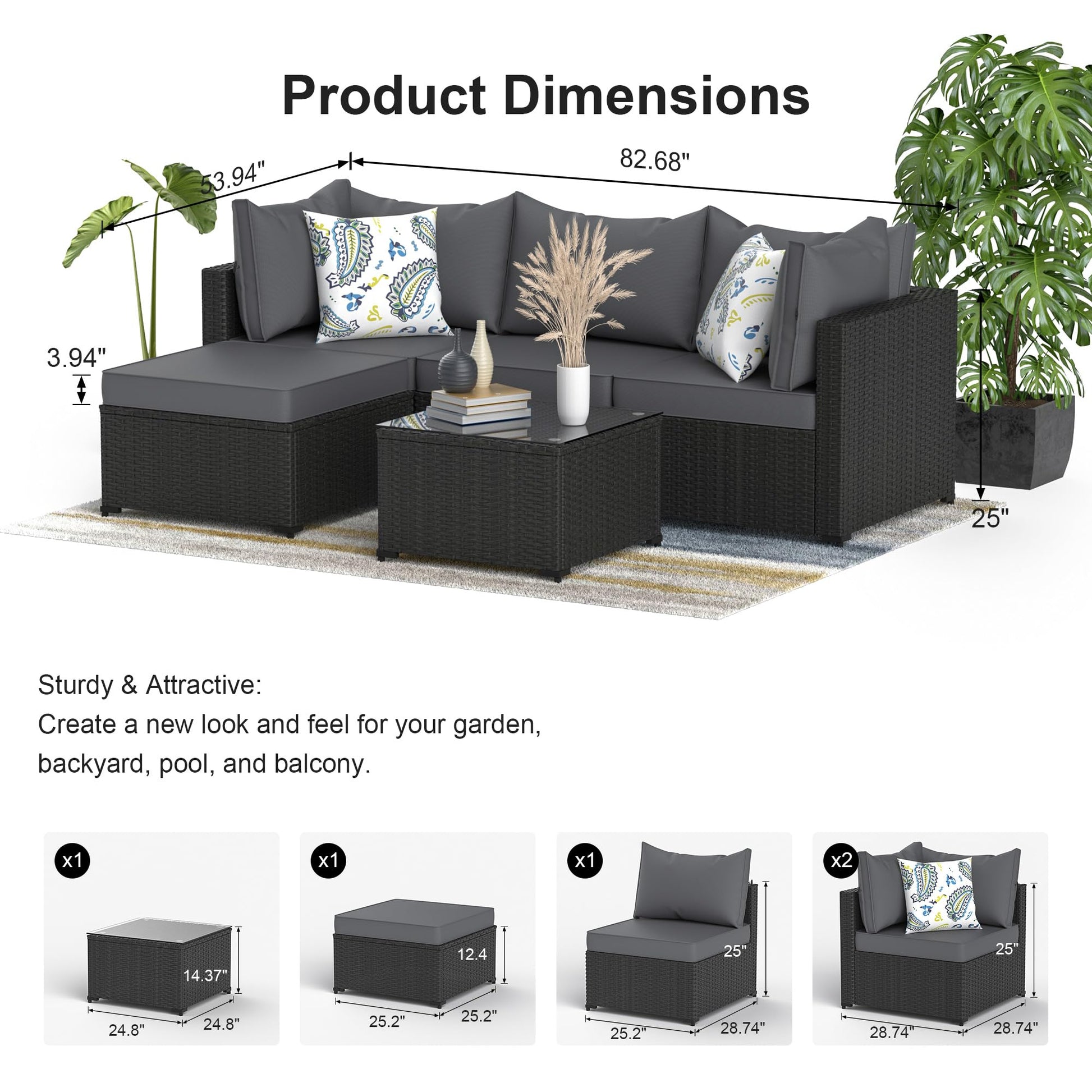 Patio Furniture Set, 5PCS Outdoor Sectional with Ottoman Wicker Rattan Patio Couch with Thickened Cushion Modular Wicker Patio Conversation Set with Glass Top Table for Balcony, Backyard (Grey) - CookCave