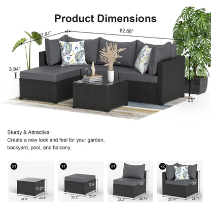 Patio Furniture Set, 5PCS Outdoor Sectional with Ottoman Wicker Rattan Patio Couch with Thickened Cushion Modular Wicker Patio Conversation Set with Glass Top Table for Balcony, Backyard (Grey) - CookCave