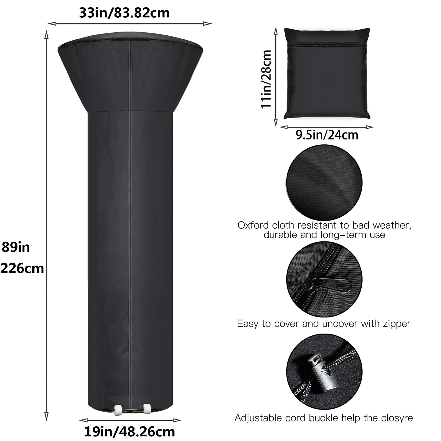 Patio Heater Covers with Zipper and Storage Bag,Waterproof,Dustproof,Wind-Resistant,Sunlight-Resistant,Snow-Resistant,Black,89'' Height x 33" Dome x 19" Base - CookCave