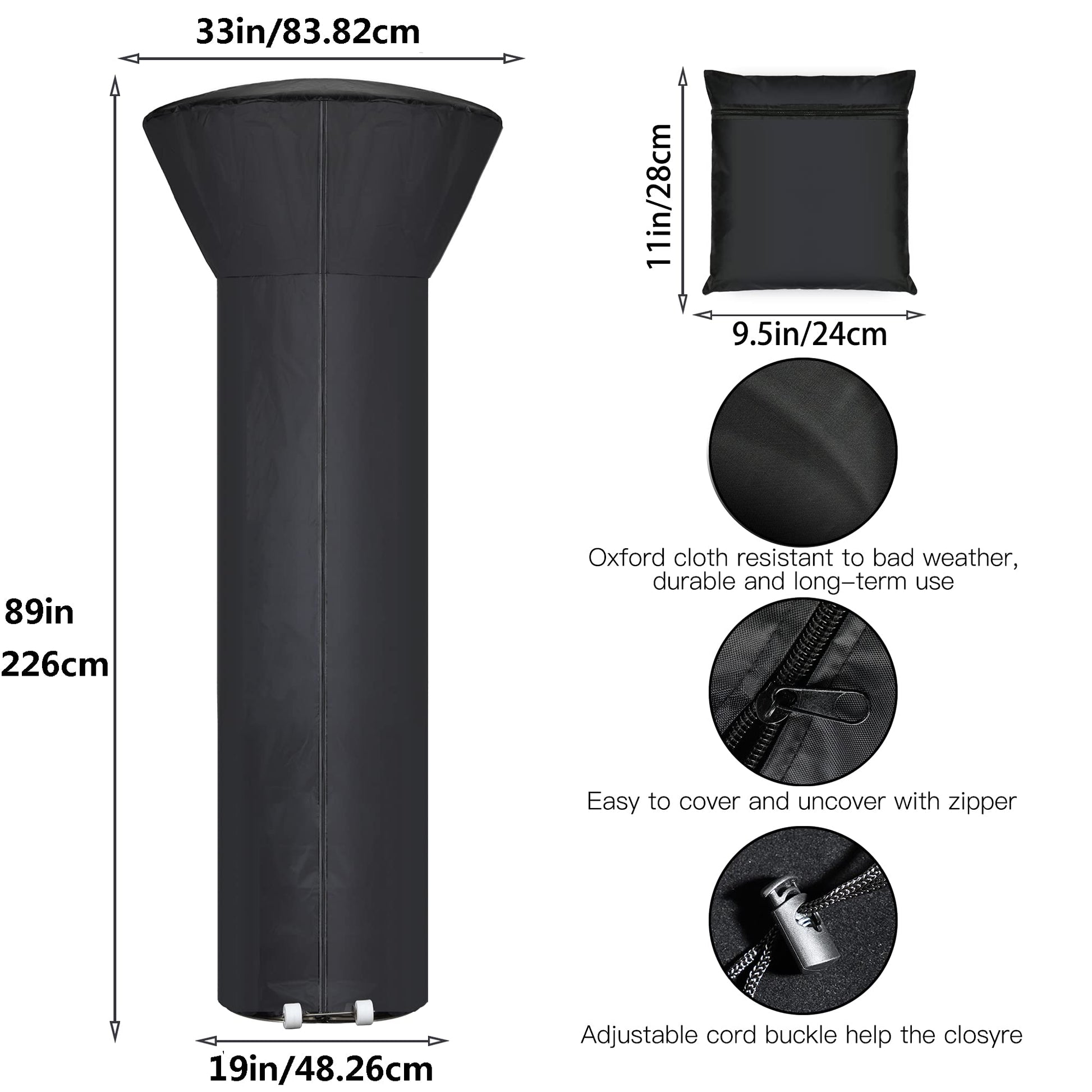 Patio Heater Covers with Zipper and Storage Bag,Waterproof,Dustproof,Wind-Resistant,Sunlight-Resistant,Snow-Resistant,Black,89'' Height x 33" Dome x 19" Base - CookCave